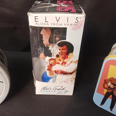 2 TIN ELVIS BOXES, WACKY WOBBLER & 3 CLOTH MASKS