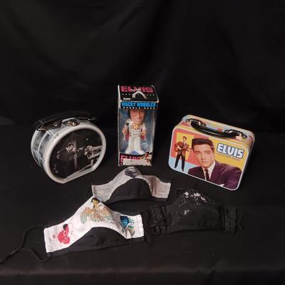 2 TIN ELVIS BOXES, WACKY WOBBLER & 3 CLOTH MASKS