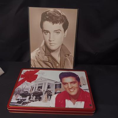 LARGE ELVIS TIN AND PHOTO