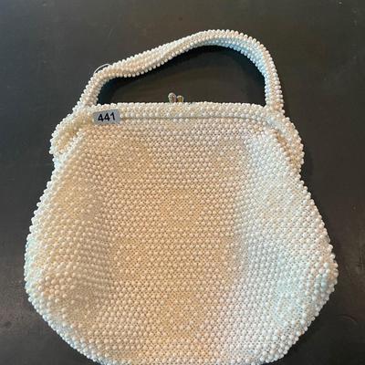 White beaded, hinged opening evening bag