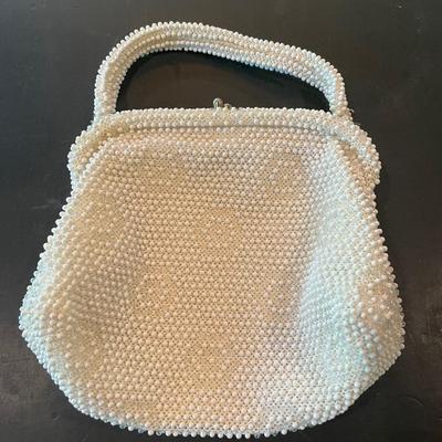 White beaded, hinged opening evening bag