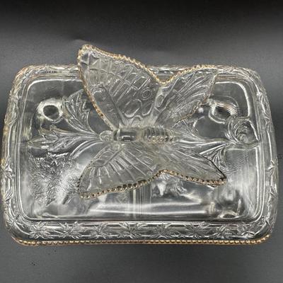 Jeanette Glass Butterfly Divided Cigarette Box & (2) Ashtrays/Dishes