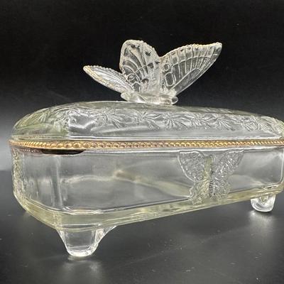 Jeanette Glass Butterfly Divided Cigarette Box & (2) Ashtrays/Dishes