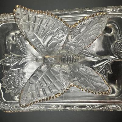 Jeanette Glass Butterfly Divided Cigarette Box & (2) Ashtrays/Dishes