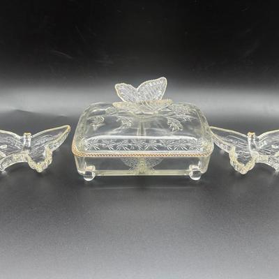 Jeanette Glass Butterfly Divided Cigarette Box & (2) Ashtrays/Dishes
