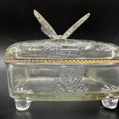 Jeanette Glass Butterfly Divided Cigarette Box & (2) Ashtrays/Dishes