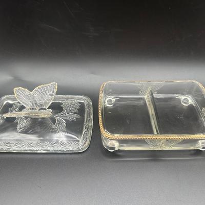 Jeanette Glass Butterfly Divided Cigarette Box & (2) Ashtrays/Dishes