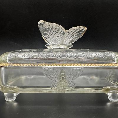 Jeanette Glass Butterfly Divided Cigarette Box & (2) Ashtrays/Dishes