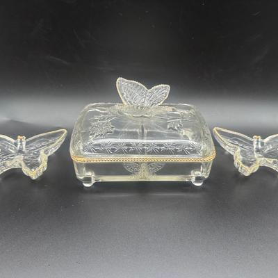 Jeanette Glass Butterfly Divided Cigarette Box & (2) Ashtrays/Dishes