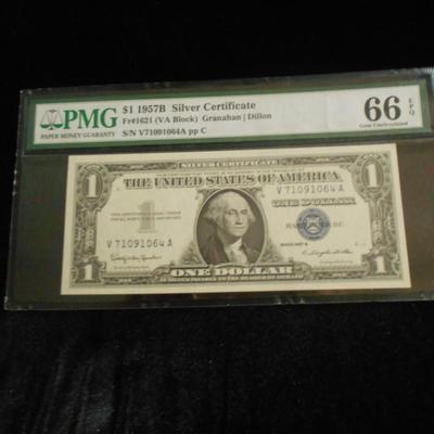 1957 B 1 Dollar Silver Certificate Graded 66 Gem Unc.