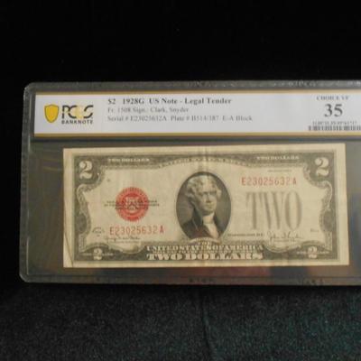1928 G 2 Dollar Bill Graded 35 Choice VF