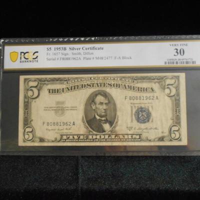 1953 B 5 Dollar Silver Certificate Graded Very Fine 30