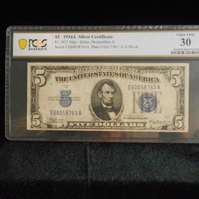 1934 A 5 Dollar Silver Certificate Graded Very Fine 30