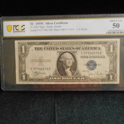 1935 C 1 Dollar Silver Certificate Graded About Unc. 50