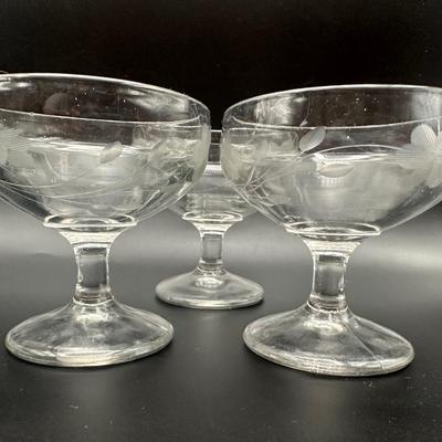 Vintage Etched Glass Pitcher and (3) Cocktail Glasses