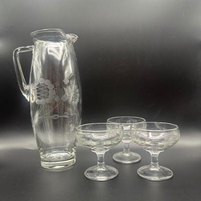 Vintage Etched Glass Pitcher and (3) Cocktail Glasses