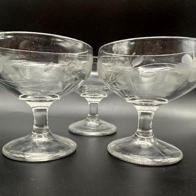 Vintage Etched Glass Pitcher and (3) Cocktail Glasses
