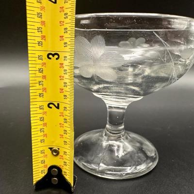 Vintage Etched Glass Pitcher and (3) Cocktail Glasses