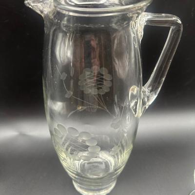 Vintage Etched Glass Pitcher and (3) Cocktail Glasses