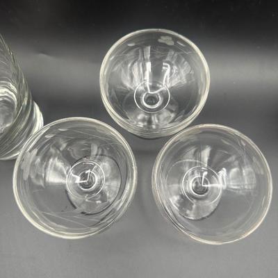 Vintage Etched Glass Pitcher and (3) Cocktail Glasses
