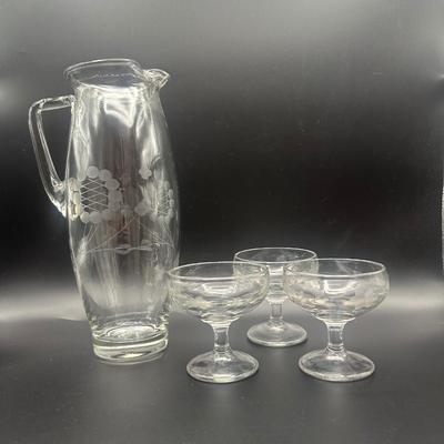 Vintage Etched Glass Pitcher and (3) Cocktail Glasses