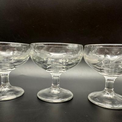 Vintage Etched Glass Pitcher and (3) Cocktail Glasses
