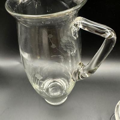 Vintage Etched Glass Pitcher and (3) Cocktail Glasses