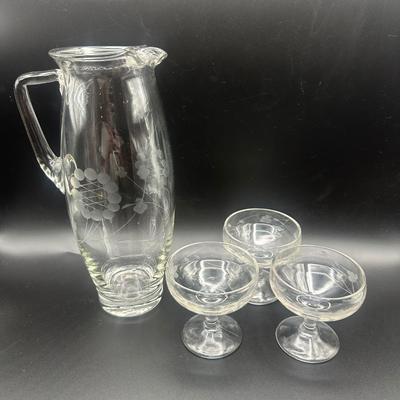 Vintage Etched Glass Pitcher and (3) Cocktail Glasses