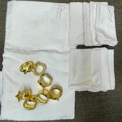 Tablecloth 60" x 96" oblong oval, Square Napkins, and Gold Ceramic Star Napkin Rings