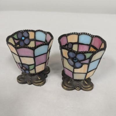 PartyLite Hydrangea Stained Glass Tiffany Style Votive Tea Light Candle Holders