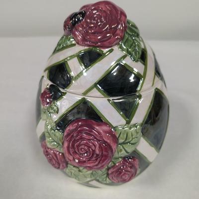 Vintage Geen Mauve Pink Roses White Lattice Cookie Jar
