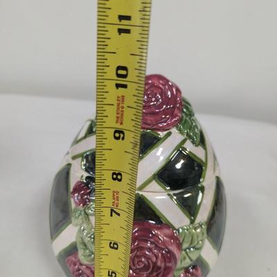 Vintage Geen Mauve Pink Roses White Lattice Cookie Jar