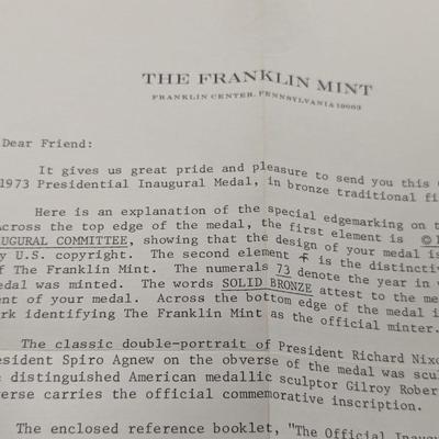 Franklin Mint The Official 1973 Presidential Inaugural Medal