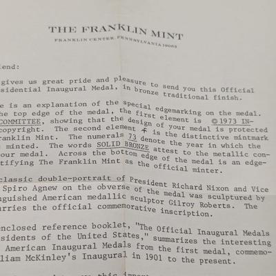 Franklin Mint The Official 1973 Presidential Inaugural Medal