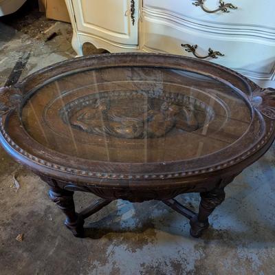 Antique Glass Top Butler Table Carved Sea Nymph