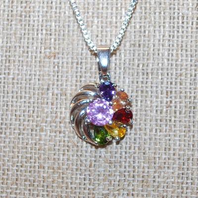 6 Multicolored Stones on a Round PENDANT (½" Circ.) & Silvery Half Circles on a Silver Tone Necklace Chain 18" L