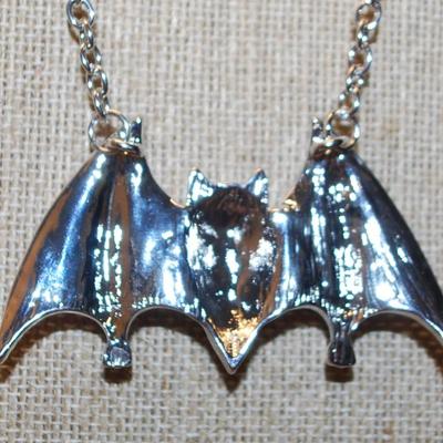 Large Black-Eyed Silvery Bat PENDANT (2½" x 1½") with Lots of Clear Stones on a Silver Tone Necklace Chain 16" L