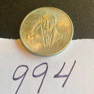 Mexico 1978 100 Peso Silver Coin