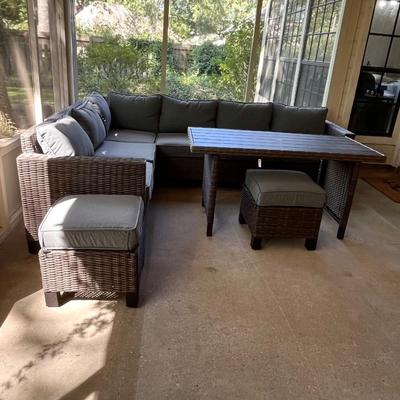 CREATIVE COURTYARDS INT. ~ Five (5) Piece Outdoor Sectional Resin Wicker With Table & Two Ottomans