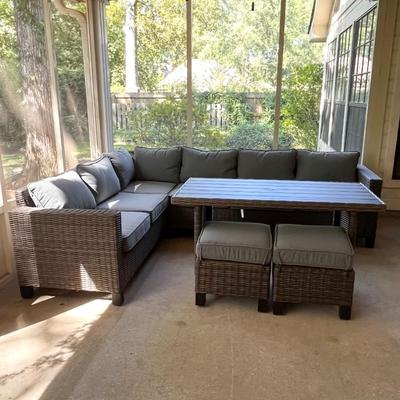 CREATIVE COURTYARDS INT. ~ Five (5) Piece Outdoor Sectional Resin Wicker With Table & Two Ottomans