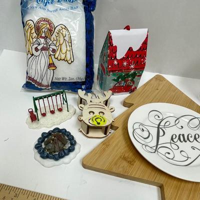 Christmas Decor Lot - Figurine w/snow, Peace plate, Cutting Board, Puzzle, etc