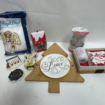 Christmas Decor Lot - Figurine w/snow, Peace plate, Cutting Board, Puzzle, etc