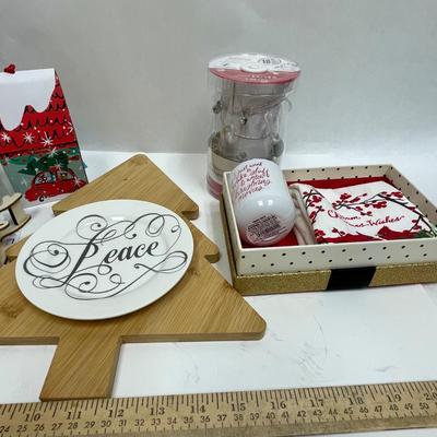 Christmas Decor Lot - Figurine w/snow, Peace plate, Cutting Board, Puzzle, etc