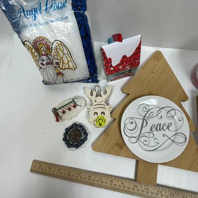 Christmas Decor Lot - Figurine w/snow, Peace plate, Cutting Board, Puzzle, etc