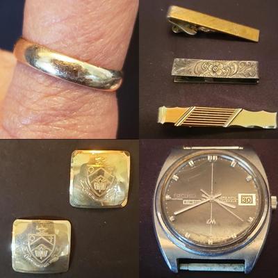 Men's Watches, Tie Clips, 14K Gold Ring and Sterling Cufflinks (FE-KD)