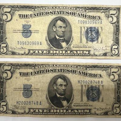 (2) 1934 Blue Seal $5.00 Silver Certificates