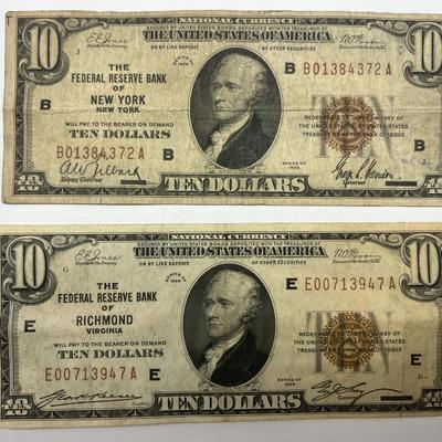 (2) 1929 $10 Federal Reserve Bills New York, Richmond VA,