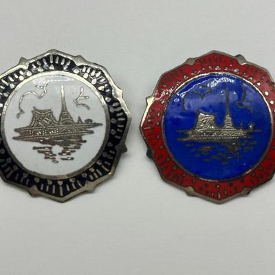 Pair Sterling Enamel Siam Oriental Pins