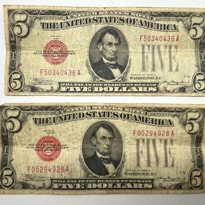 Pair 1928 $5.00 Red Seal Bills