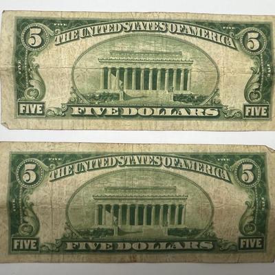 Pair 1928 $5.00 Red Seal Bills
